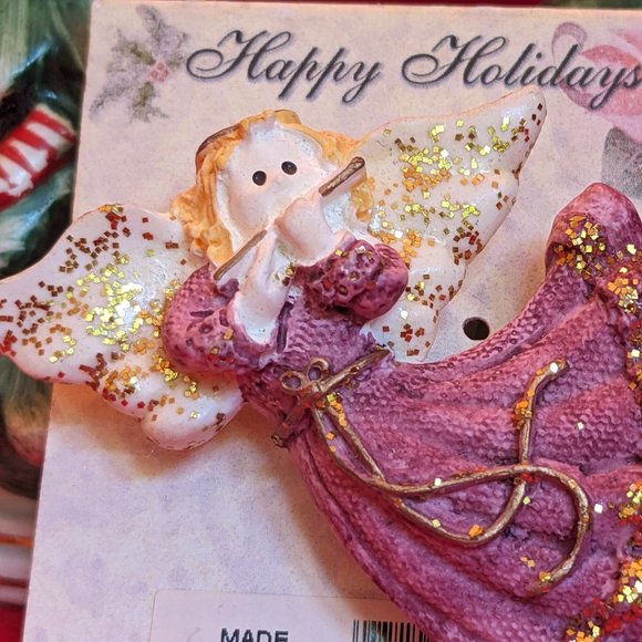 Lovely Vtg Resin Flute Playing Angel Pin Unique Purple Color Dress With Glitter - Picture 1 of 3